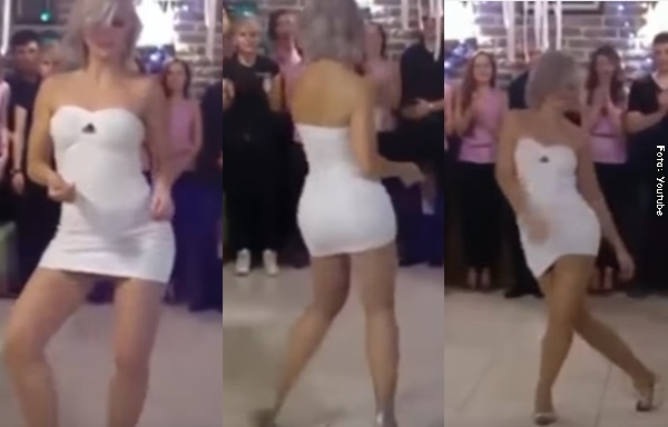 jefa bailando con un diminuto vestido en la fiesta de fin de año