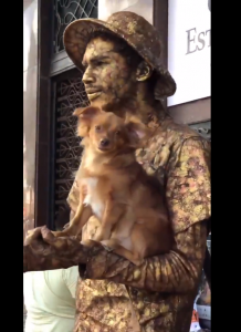 Perro finge ser una estatua para ayudar a su dueño