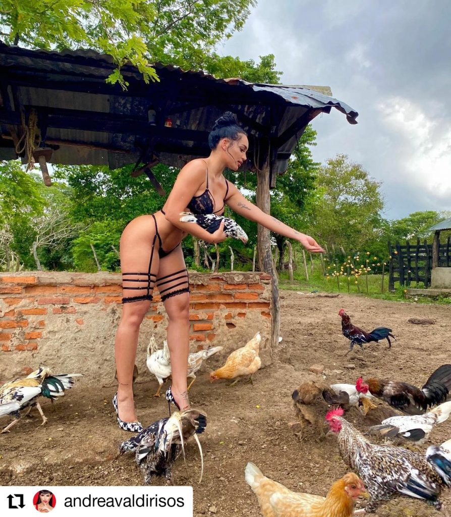 foto de mujer en lencería dando de comer a unas gallinas