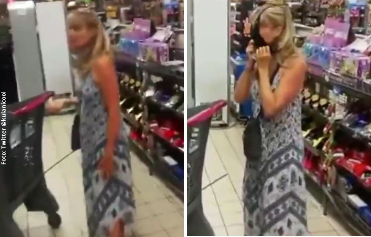 Mujer usa pantys como tapabocas en un supermercado