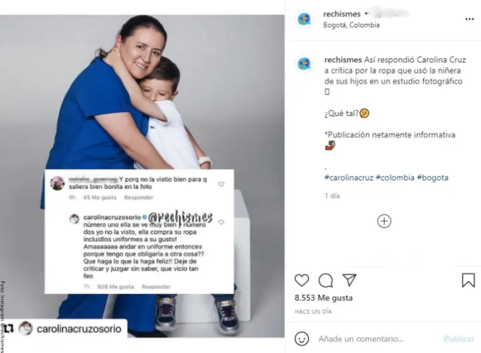 Foto del comentario que recibió Carolina Cruz sobre su niñera
