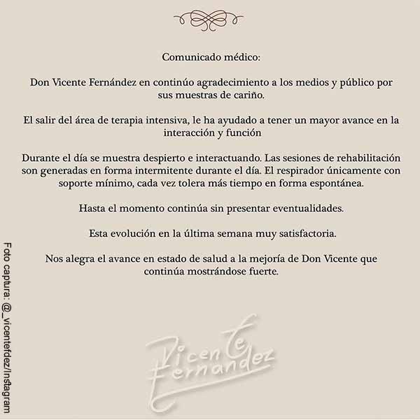 Desde México reportan mejoría en salud de Vicente Fernández