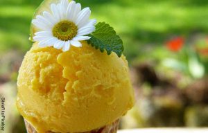 Foto de helado de color amarillo con una flor que revela cómo hacer helados cremosos caseros