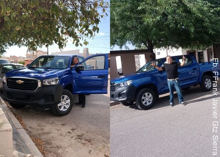 Fotografías del Javier Gutiérrez recibiendo la camioneta Chevrolet azul