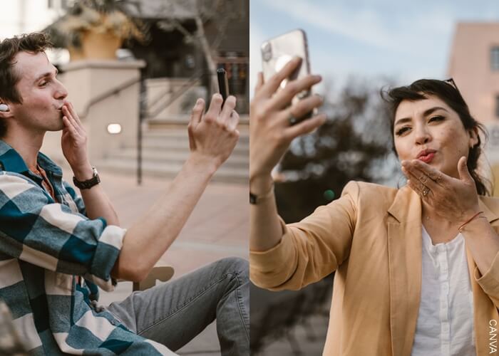 Collage de fotos pareja enviándose besos por videollamada