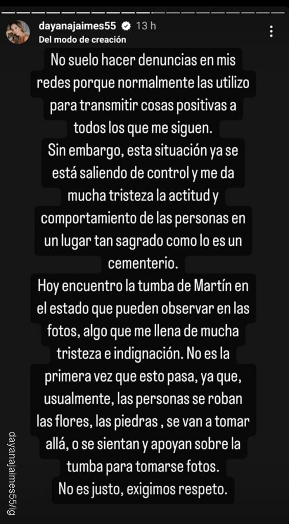 Print del mensaje de la viuda de Martín Elías en Instagram.