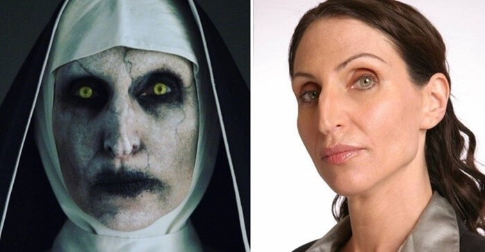 Collage la monja del Conjuro con la actriz que la interpretó para ilustrar Transformaciones de los actores en las películas de terror