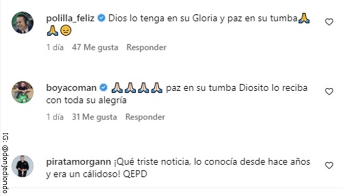 Pantallazo de los comentarios de luto por la muerte del humorista Cruz María Betancur.