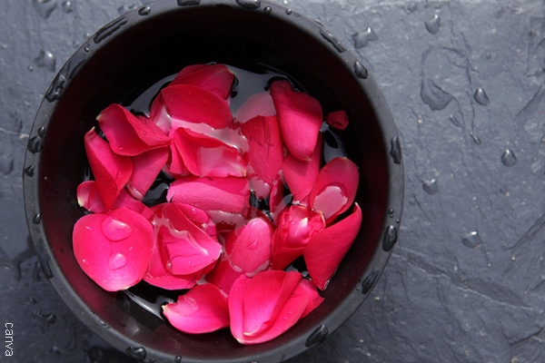 Foto de recipiente con pétalos de rosa rojos.