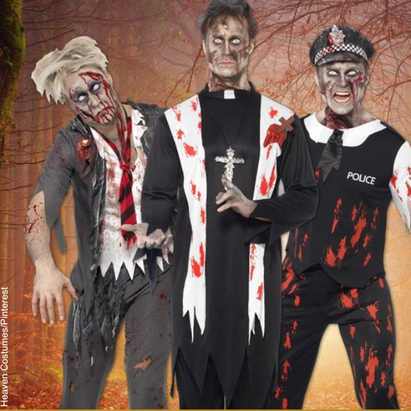Foto de 3 hombres disfrazados de zombis.