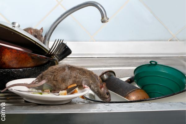 Foto de lavaplatos con loza sucia y una rata.