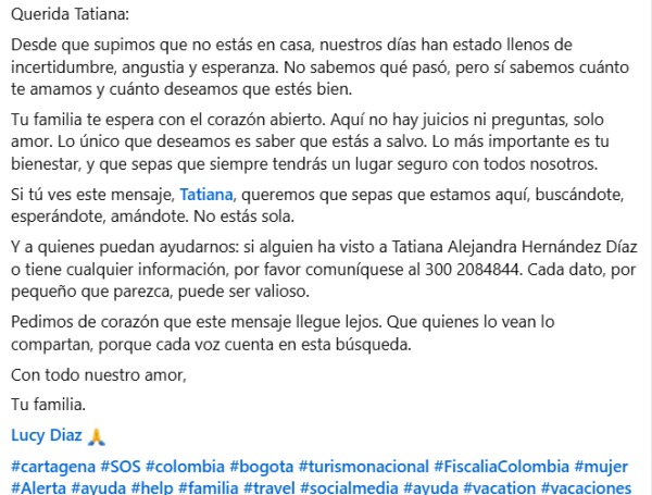 Carta de la familia de Tatiana Hernández