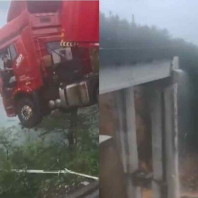 camión colgando en el aire tras el colapso de un puente