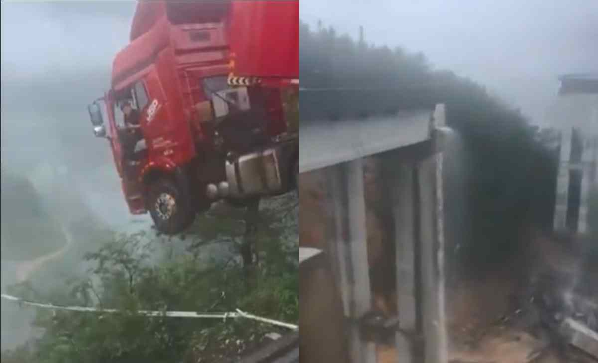 camión colgando en el aire tras el colapso de un puente