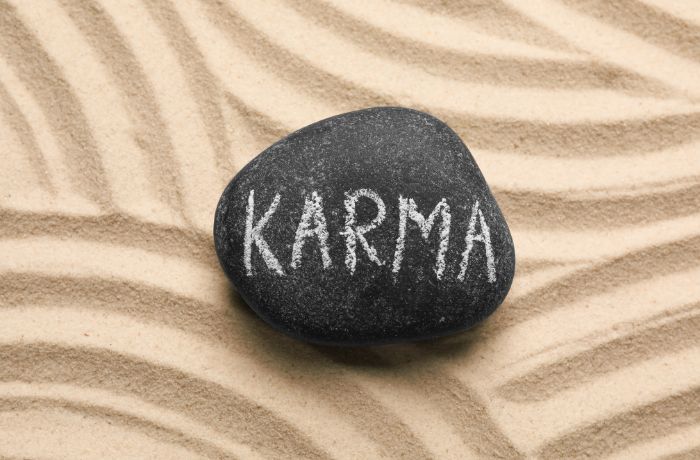 Foto de una roca sobre la arena con la palabra Karma