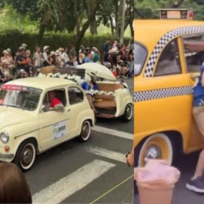 dos abuelitos se cayeron en medio del Desfile de autos clásicos