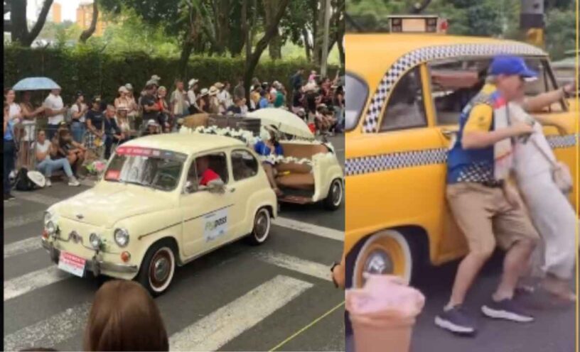 dos abuelitos se cayeron en medio del Desfile de autos clásicos