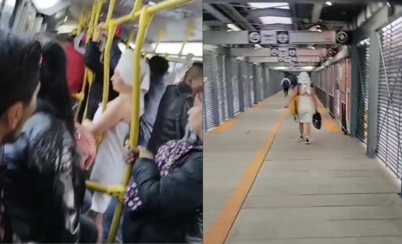 mujer toalla en Transmilenio