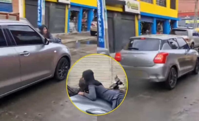 mujer se lanzó a auto en movimiento
