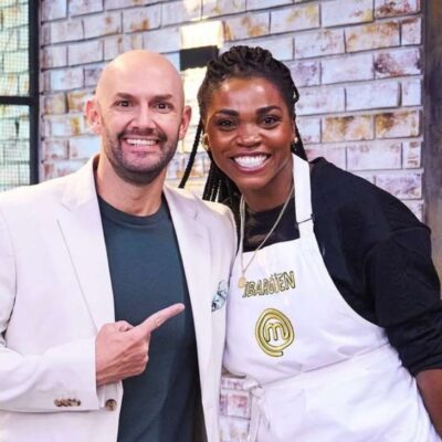 Nicolás de Zubiría y Caterine Ibargüen saltando en Masterchef