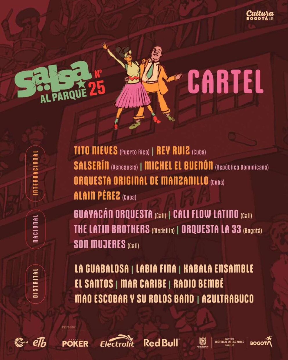 Cartel del Festival Salsa al Parque 2024 con todos los artistas internacionales, nacionales y distritales clasificados