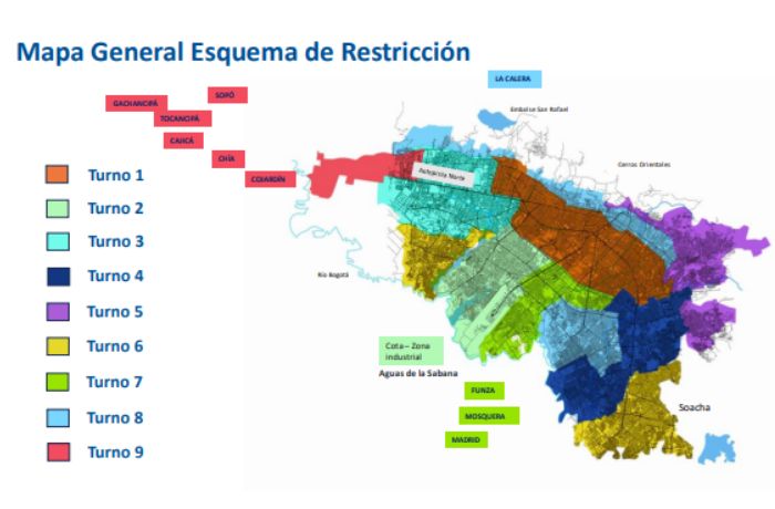 Foto del mapa general del esquema de restricción para el racionamiento de agua en la ciudad de Bogotá