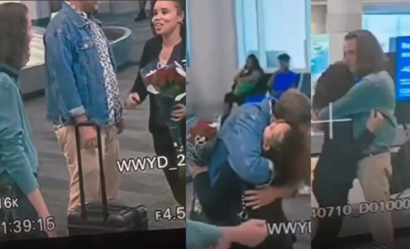 video de la mujer que se despidió de su amante y llegó su novio con flores