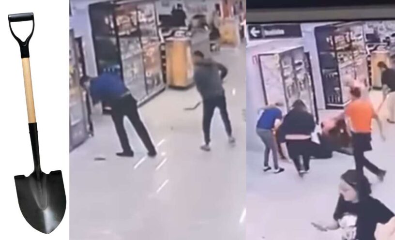 video del hombre que golpeó con una pala al jefe de su esposa
