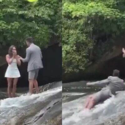 Video del novio que se cae a una cascada en plena propuesta de matrimonio
