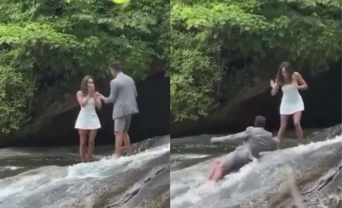 Video del novio que se cae a una cascada en plena propuesta de matrimonio