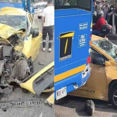taxi terminó destruido tras un fuerte choque con un bus del SITP