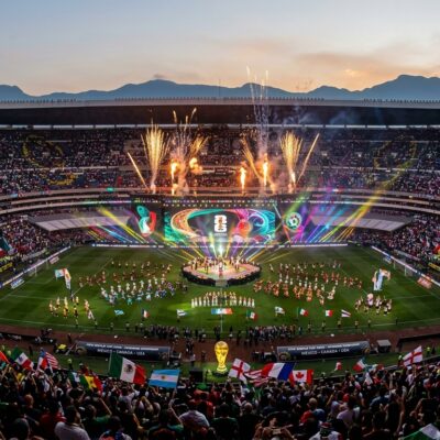 Estadio repleto durante la ceremonia de la Copa Mundial 2026 con fuegos artificiales, luces y banderas