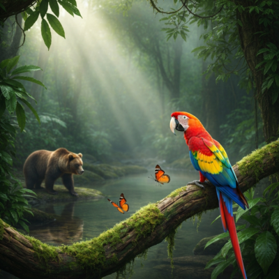 Guacamaya roja en una rama, mariposas y un oso pardo junto a un río en una selva iluminada por el sol