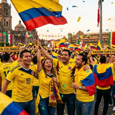 Hinchas de la selección de Colombia celebran con banderas, camisetas amarillas y pancartas en una plaza pública
