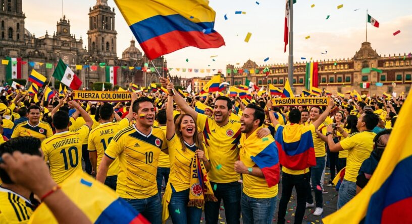 Hinchas de la selección de Colombia celebran con banderas, camisetas amarillas y pancartas en una plaza pública