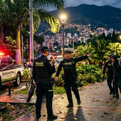 Oficiales de la Policía Nacional de Colombia detienen a un sospechoso en una calle nocturna junto a una patrulla