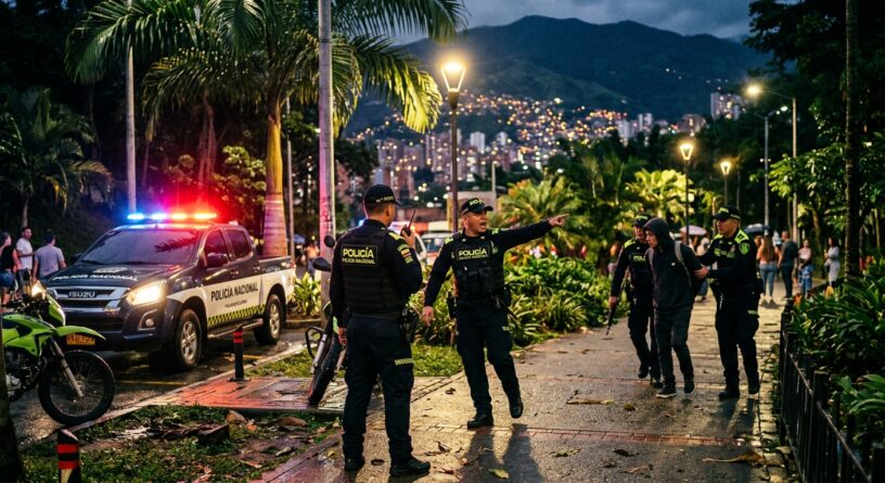 Oficiales de la Policía Nacional de Colombia detienen a un sospechoso en una calle nocturna junto a una patrulla