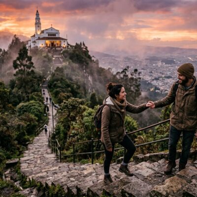 Pareja subiendo las escaleras de Monserrate en Bogotá al atardecer, con el santuario y la ciudad de fondo