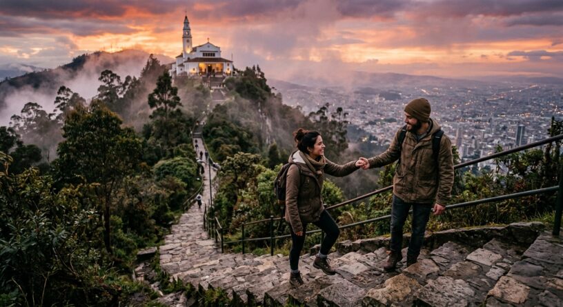 Pareja subiendo las escaleras de Monserrate en Bogotá al atardecer, con el santuario y la ciudad de fondo
