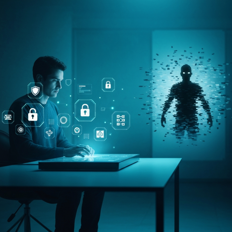 Persona operando una interfaz digital con iconos de seguridad frente a una silueta humana pixelada y amenazante