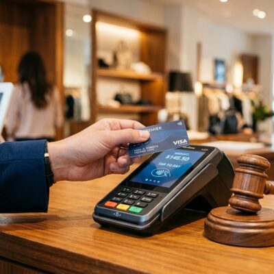 Persona pagando con tarjeta de crédito en un datáfono junto a un mazo de juez sobre un mostrador