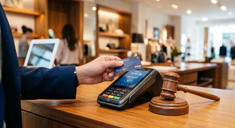 Persona pagando con tarjeta de crédito en un datáfono junto a un mazo de juez sobre un mostrador