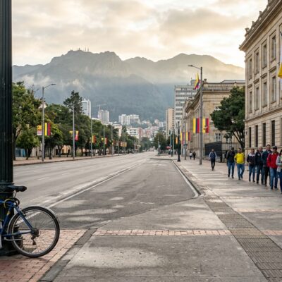 Personas caminando por la Carrera Séptima de Bogotá, con banderas de Colombia y los cerros orientales al fondo