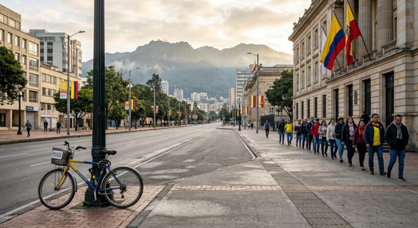 Personas caminando por la Carrera Séptima de Bogotá, con banderas de Colombia y los cerros orientales al fondo
