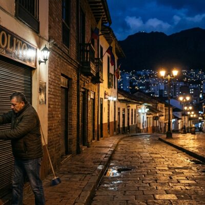 Un hombre cierra con candado el local El Farolito en una calle colonial empedrada e iluminada de noche
