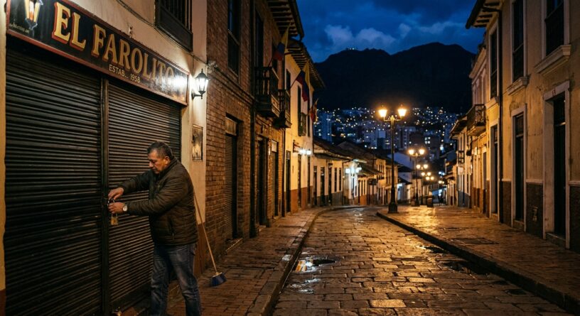 Un hombre cierra con candado el local El Farolito en una calle colonial empedrada e iluminada de noche