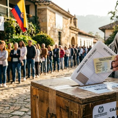 Una mujer con ruana deposita su voto en una urna en Colombia, con una fila de personas esperando al fondo