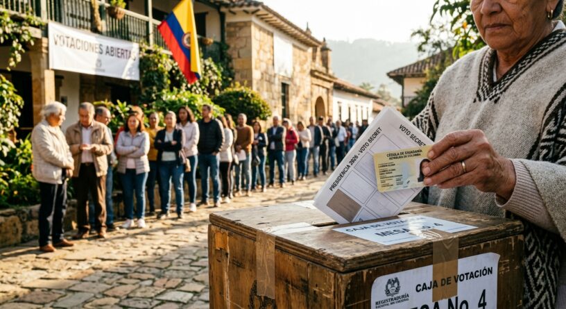 Una mujer con ruana deposita su voto en una urna en Colombia, con una fila de personas esperando al fondo