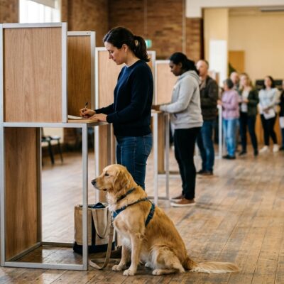 Una mujer vota en una cabina electoral acompañada por su perro de asistencia en un centro de votación