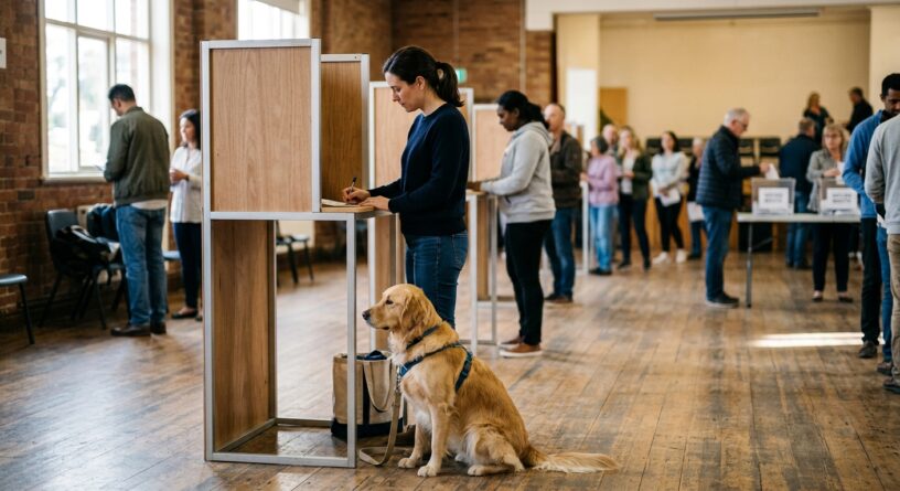 Una mujer vota en una cabina electoral acompañada por su perro de asistencia en un centro de votación